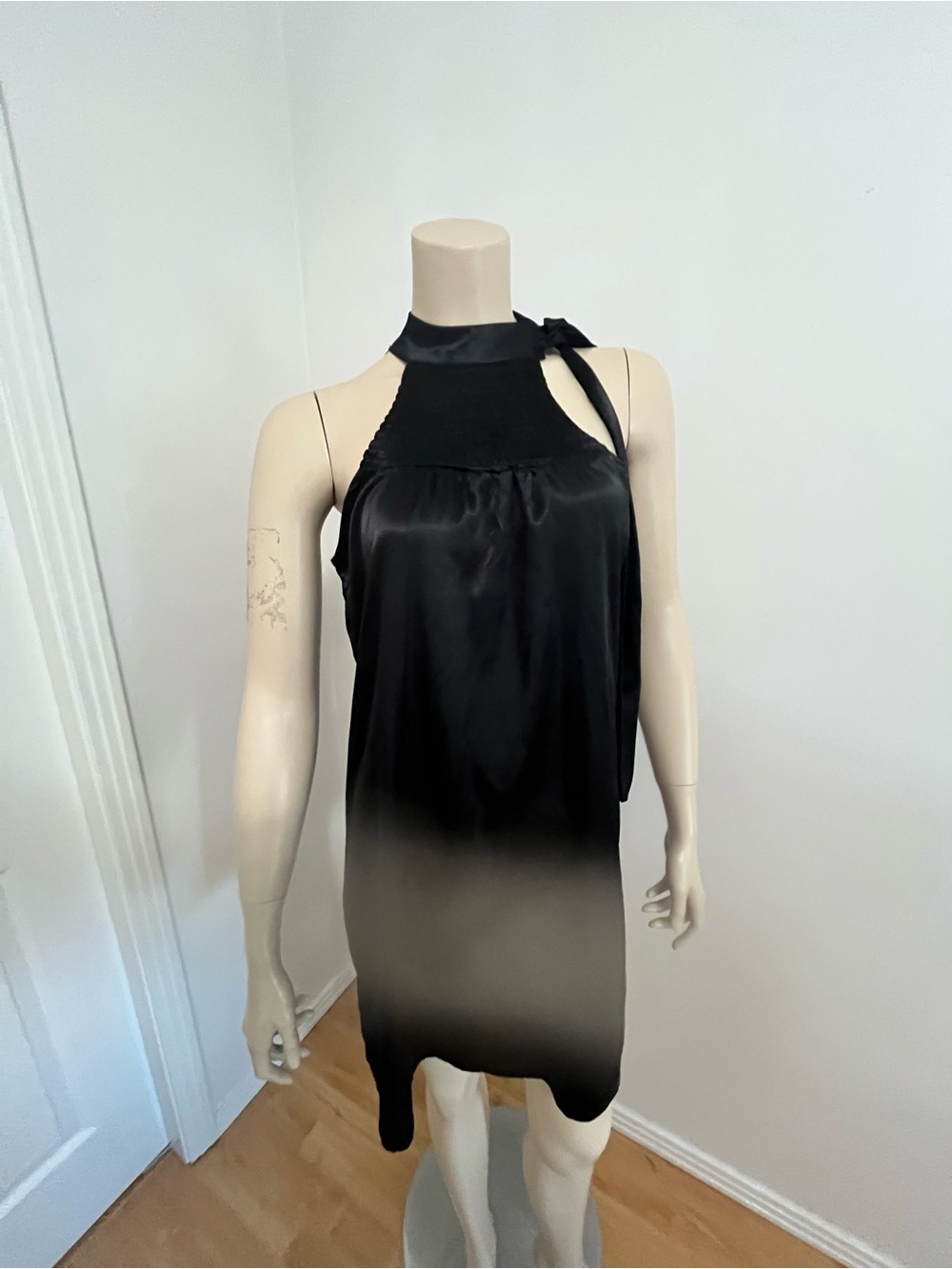 Guess Black Satin Halter Mini Dress with Tie Neck